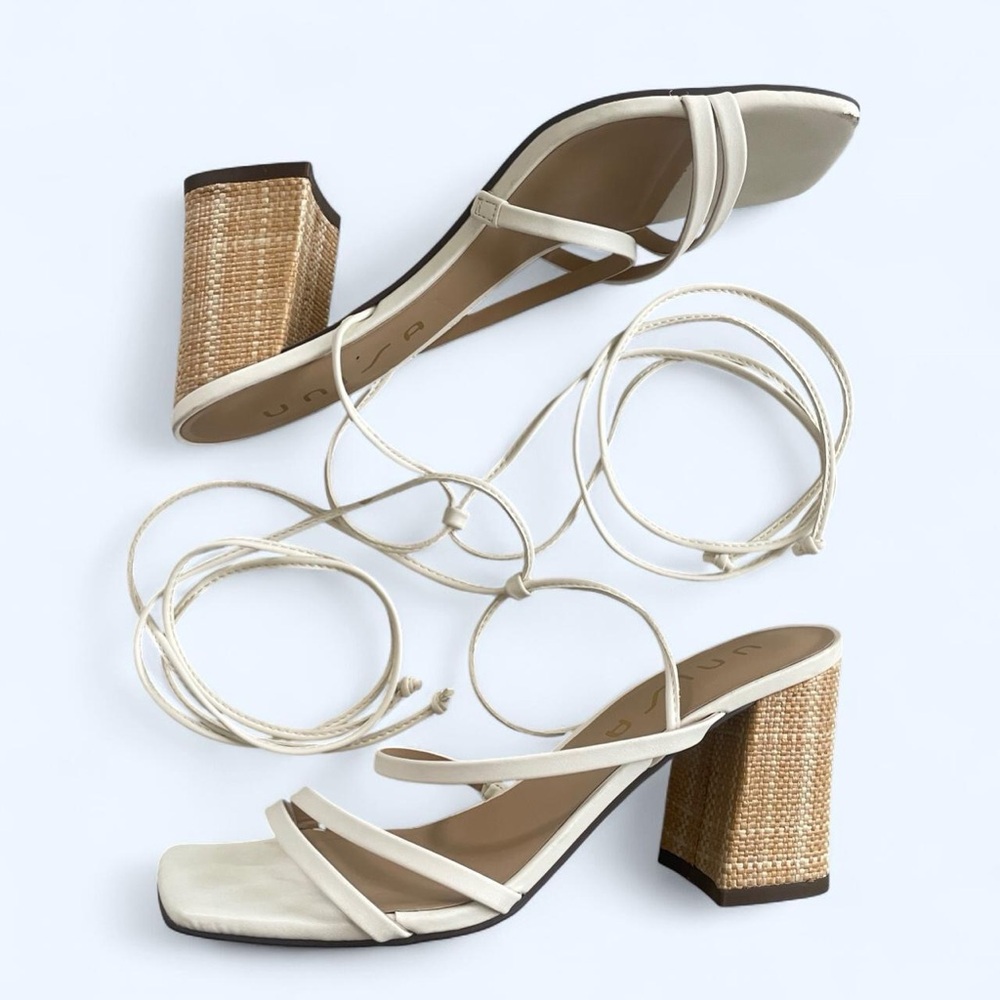 White Lace Up Sandals Boho Rattan Block Heel Size 8.5 - Picture 2 of 8